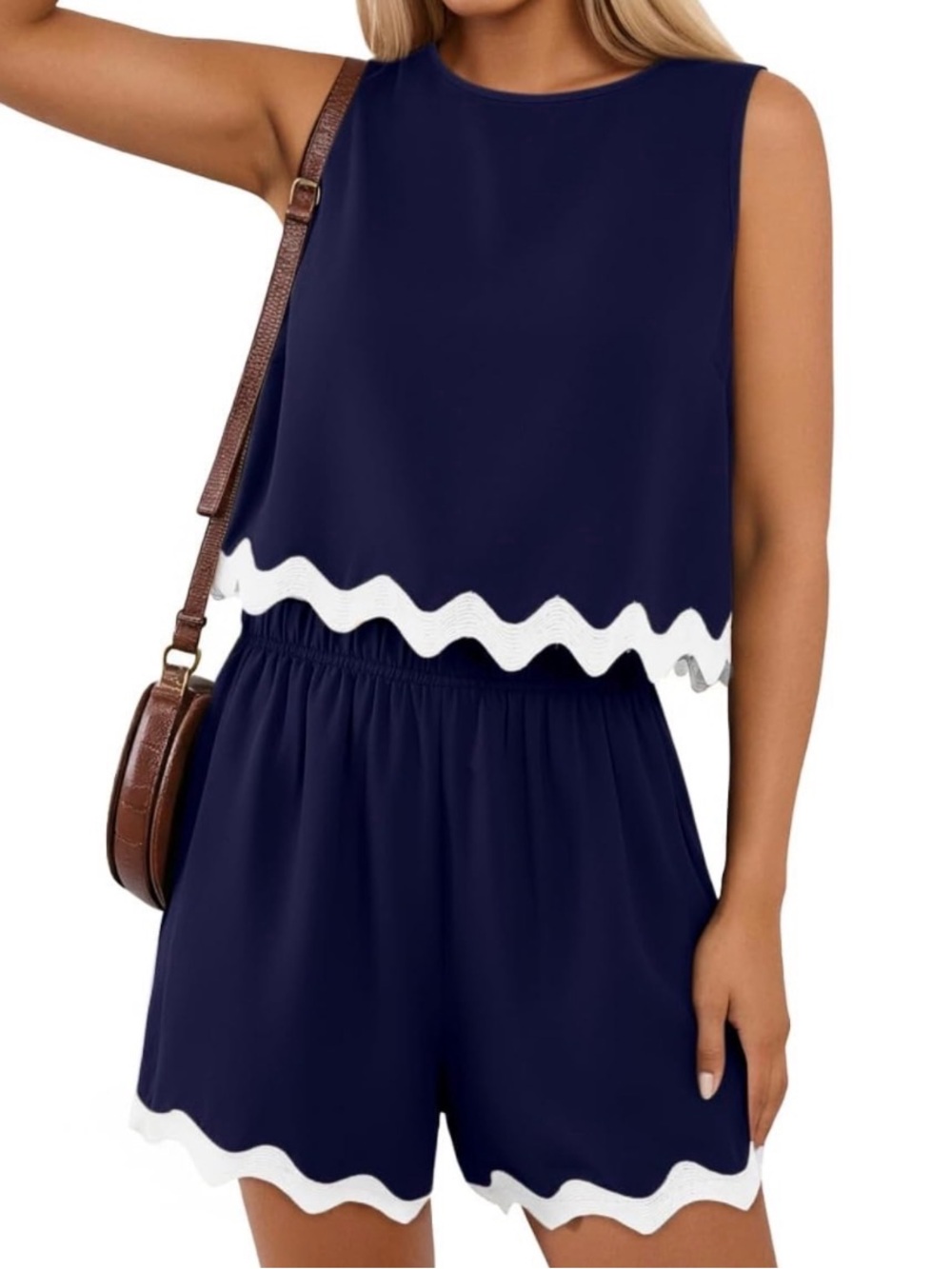 Sleeveless Navy Scallop-Trim Romper